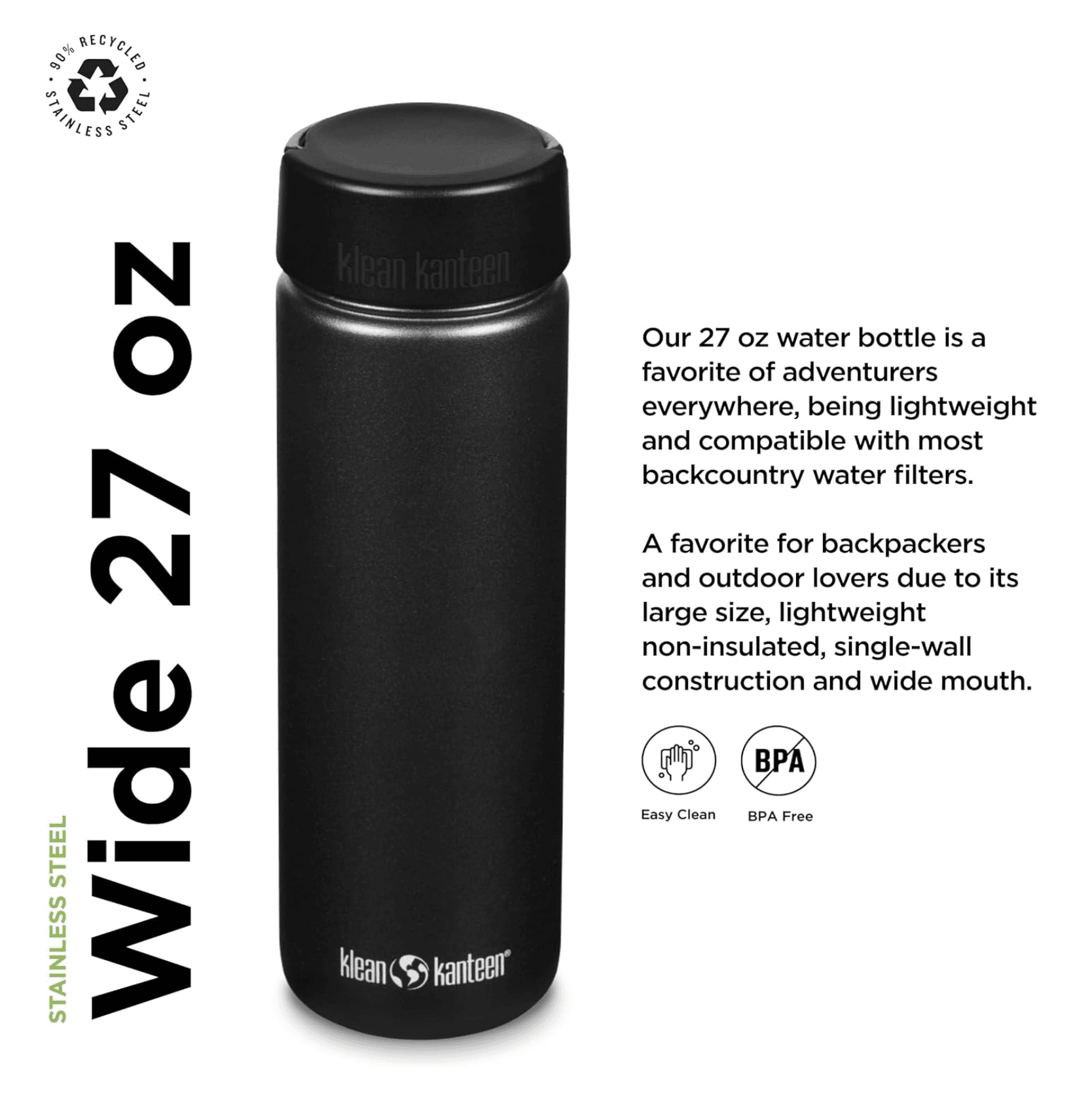 Klean Kanteen 27 oz Stainless Steel Water Bottle (w/Wide Loop Cap)  view 2