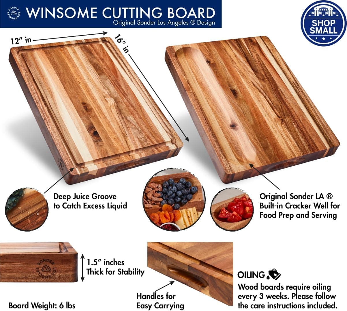 Sonder LA, Thick Sustainable Acacia Wood Cutting Board for Kitchen with Juice Groove, Sorting Compartment view 2